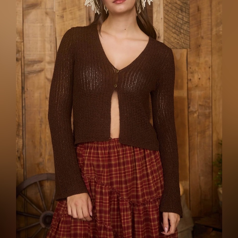 New BluPepper Double Button Bell Sleeve Lightweight Knit Cardigan-Brown Sz Large